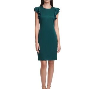 Tommy Hilfiger Scuba Crew Neck Ruffle Cap Sleeve Dress Green 12 Business Career
